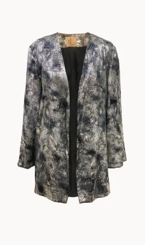 Silver and Blue Metallic Oversized Collarless Blazer