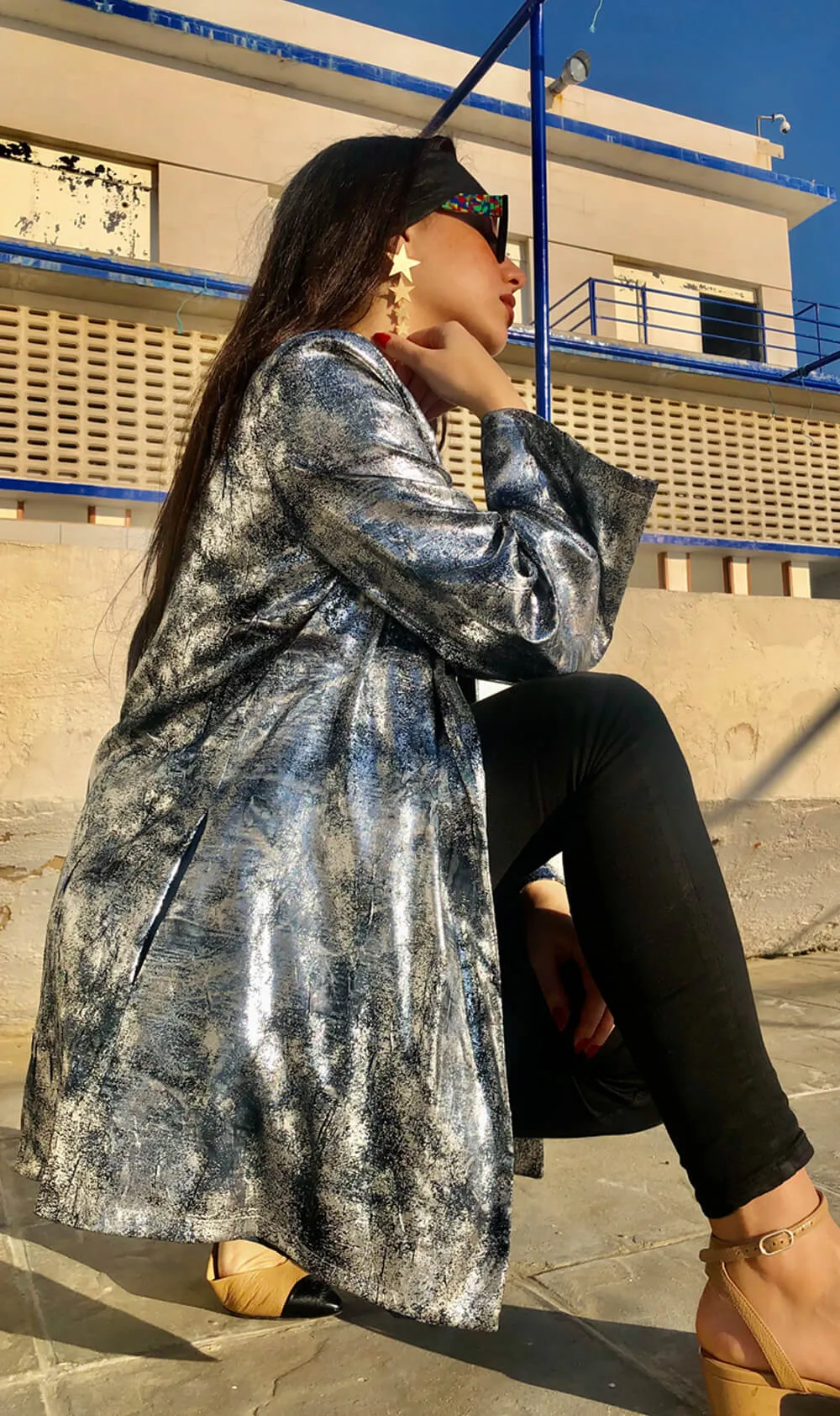 Silver and Blue Metallic Oversized Collarless Blazer