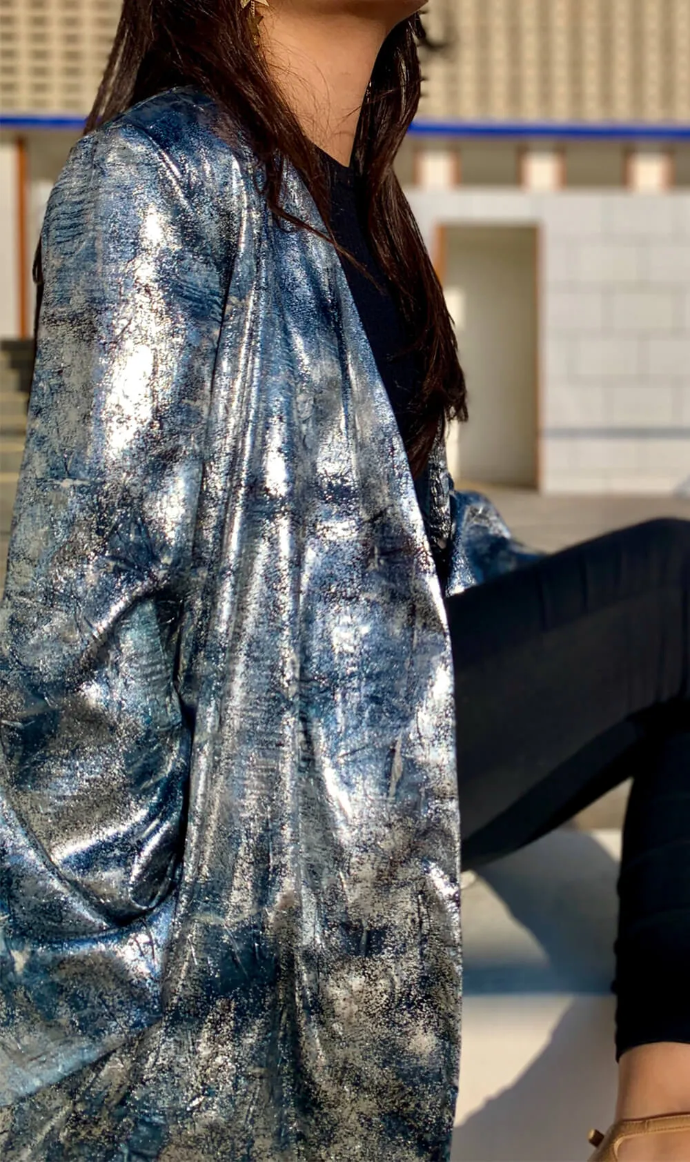 Silver and Blue Metallic Oversized Collarless Blazer
