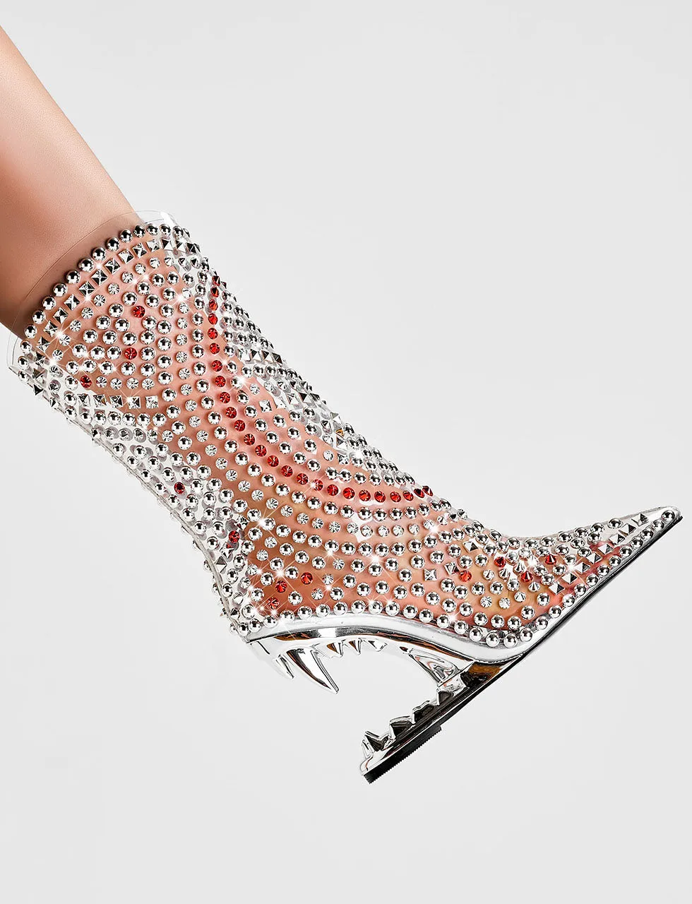 Silver High Heel Pointed Toes Luxury Bling Rhinestone Boots Shoes