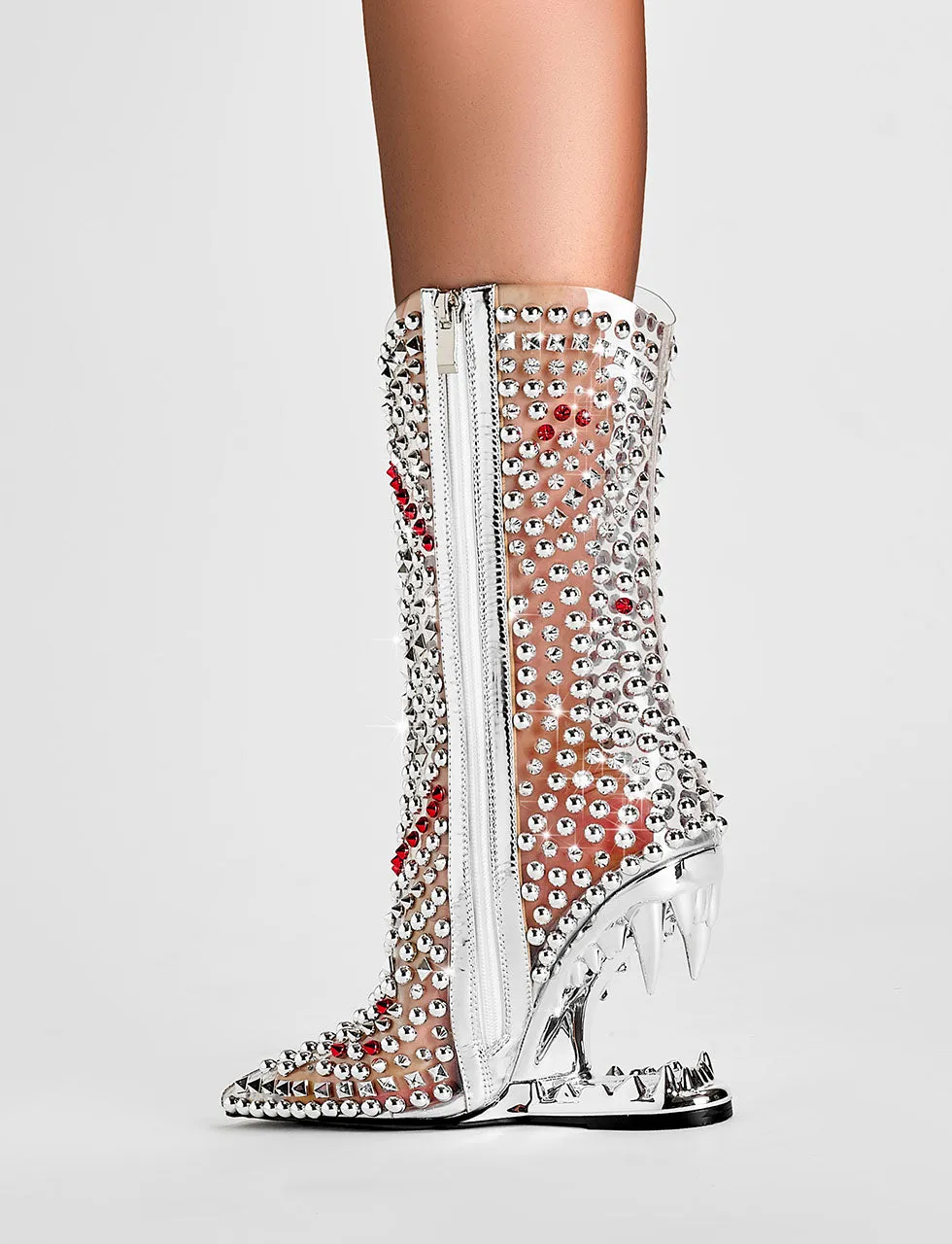 Silver High Heel Pointed Toes Luxury Bling Rhinestone Boots Shoes