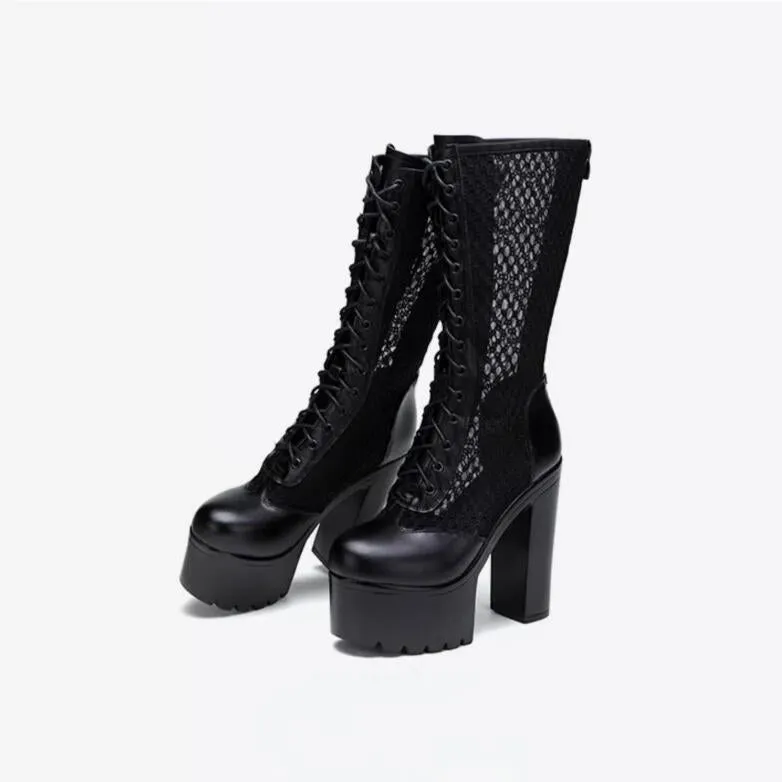 Small Feet Chunky High Heel Lace Mesh Calf Boots TS126