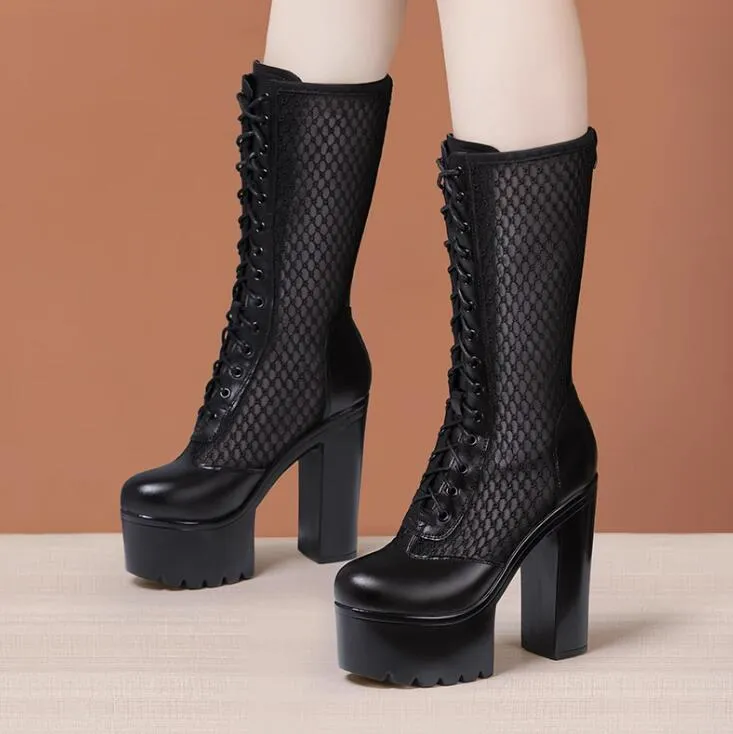 Small Feet Chunky High Heel Lace Mesh Calf Boots TS126