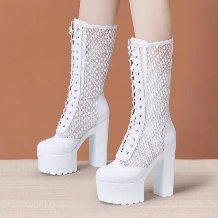 Small Feet Chunky High Heel Lace Mesh Calf Boots TS126