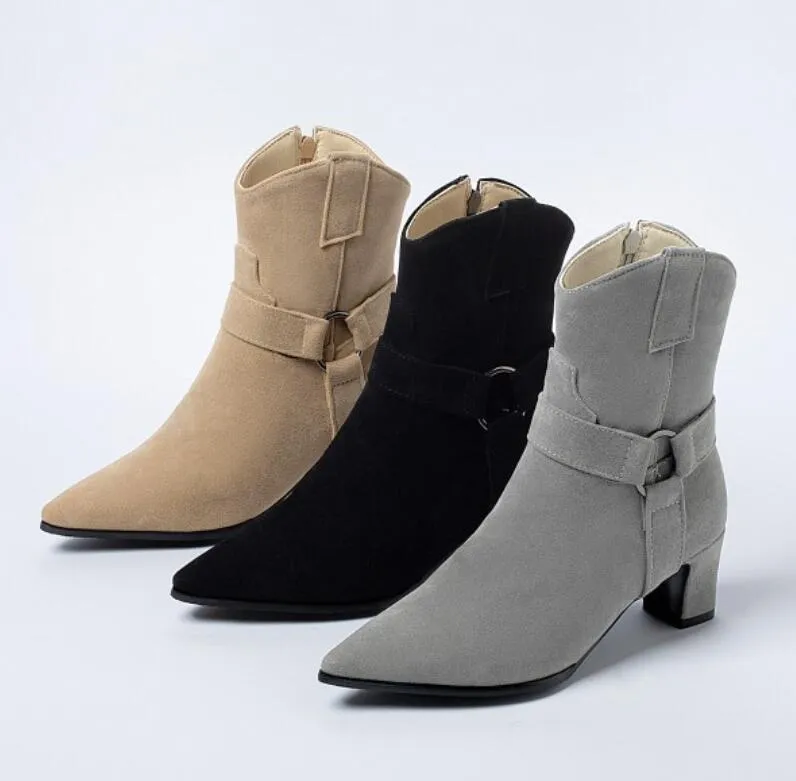 Small Size Pointed Chunky Side Zipper Short Boots AS135