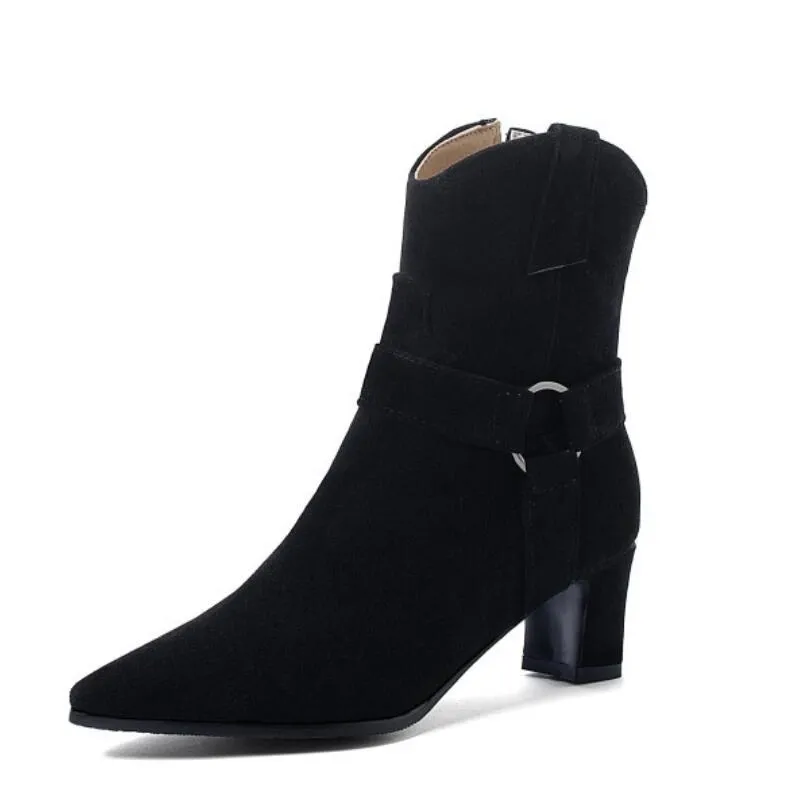 Small Size Pointed Chunky Side Zipper Short Boots AS135