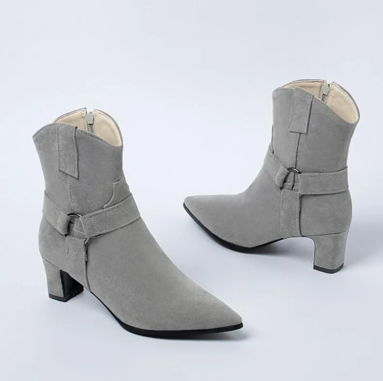 Small Size Pointed Chunky Side Zipper Short Boots AS135