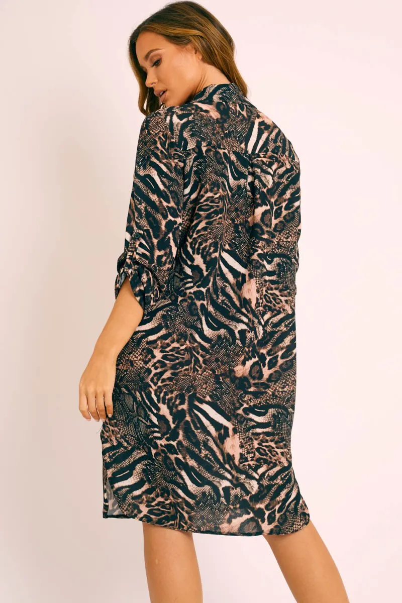 Snake Print Button Up Sleeve Shirt Dress - Zoey