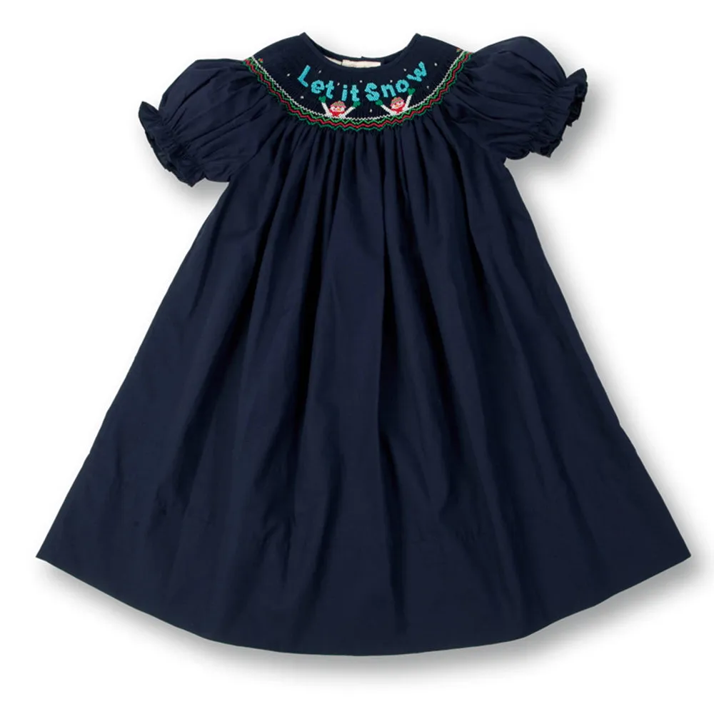 Snowmen Let It Snow Navy Blue Smocked Bishop