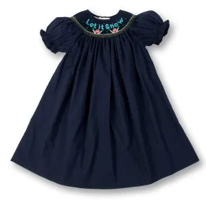 Snowmen Let It Snow Navy Blue Smocked Bishop