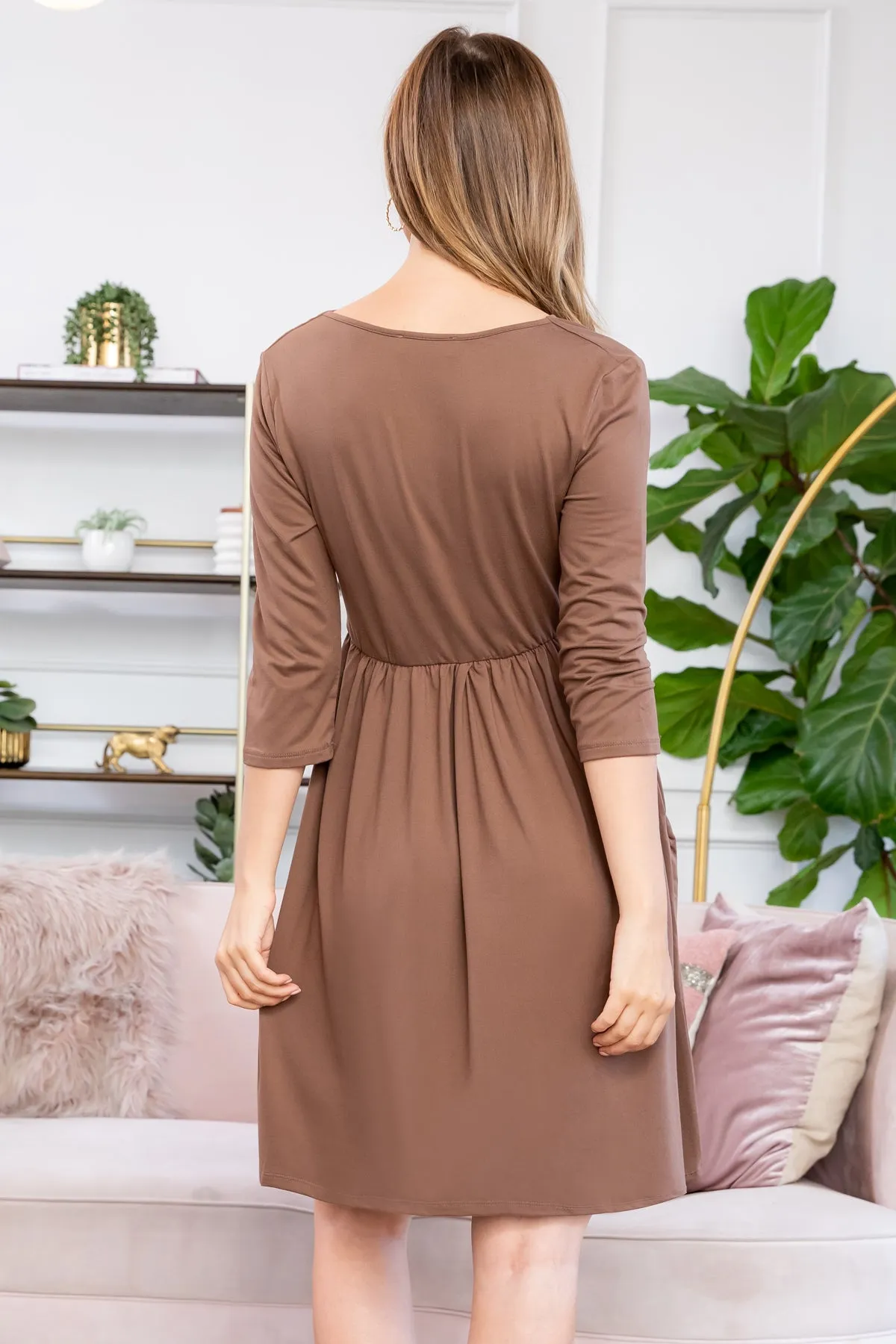 Solid 3/4 Wrap Surplice Midi Dress