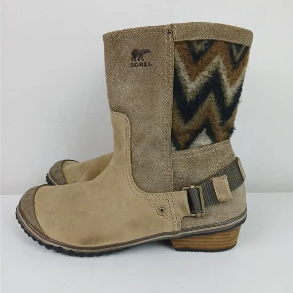 Sorel SZ 8.5 Slimshortie Aztec Sweater Suede Boots Tan NL2152-227