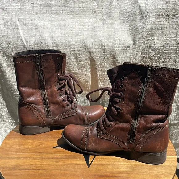 Steve Madden Troopa Military-Inspired Zipper Lace Up Leather Combat Boot…