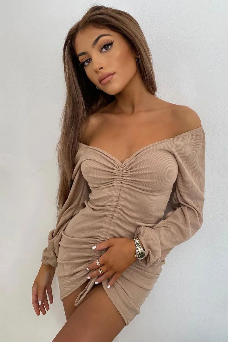 Stone Ribbed Ruched Centre Mini Dress - Nahlia