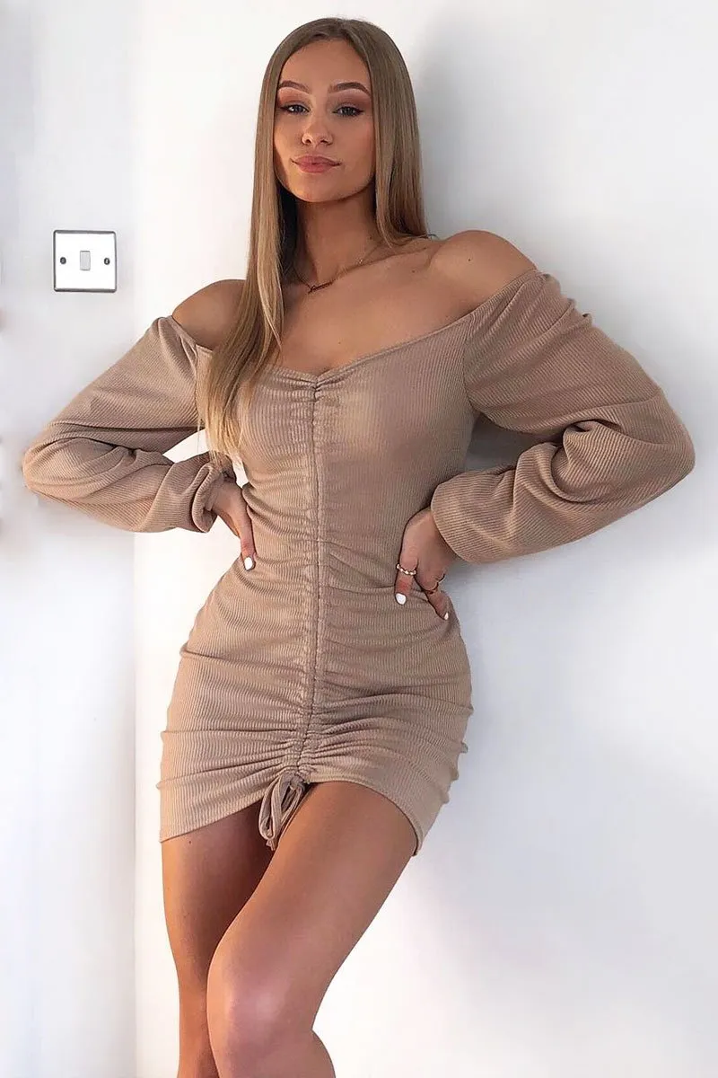 Stone Ribbed Ruched Centre Mini Dress - Nahlia
