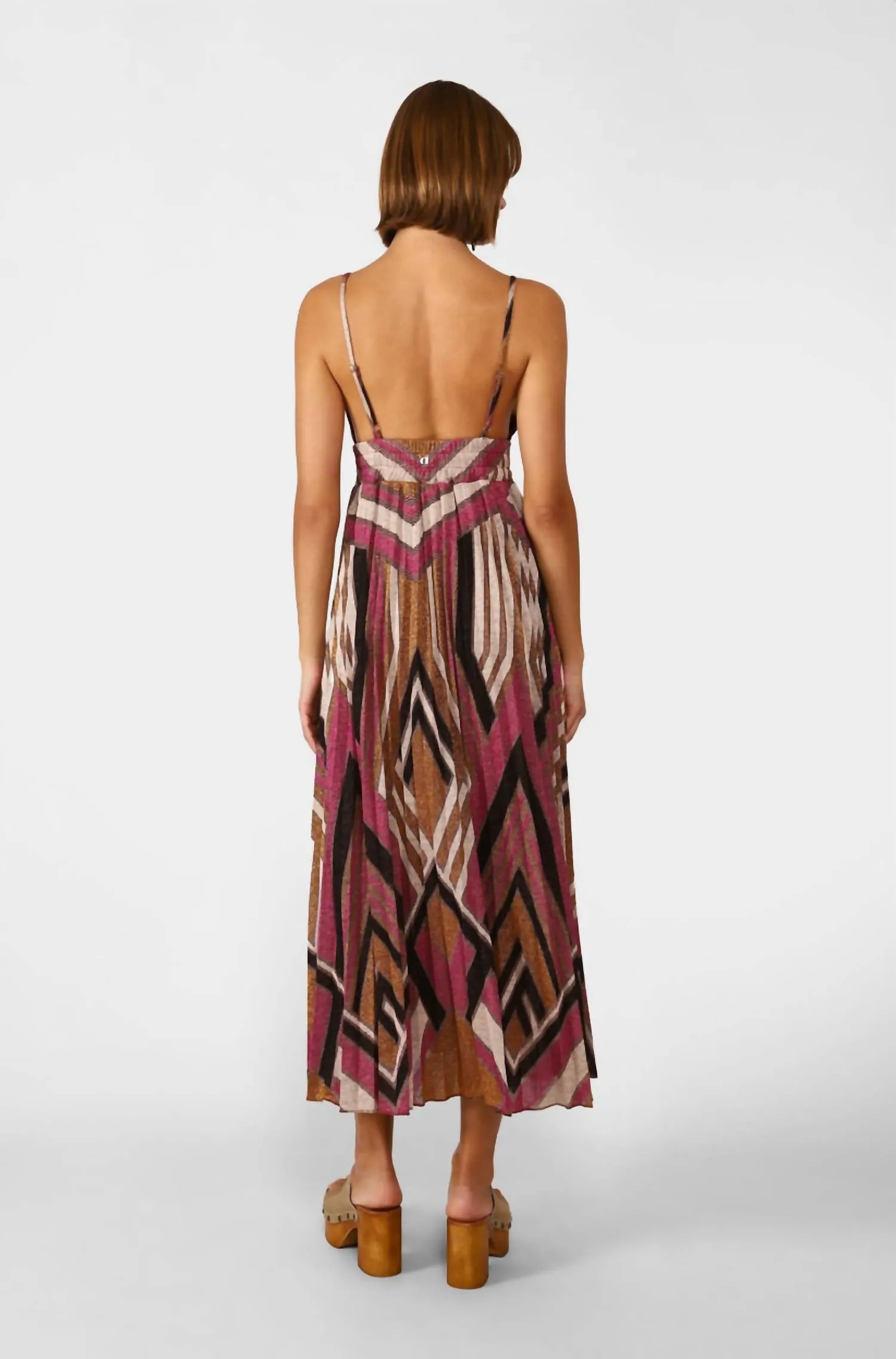 Studio Long Pleated Geometric Design Dress In Multi