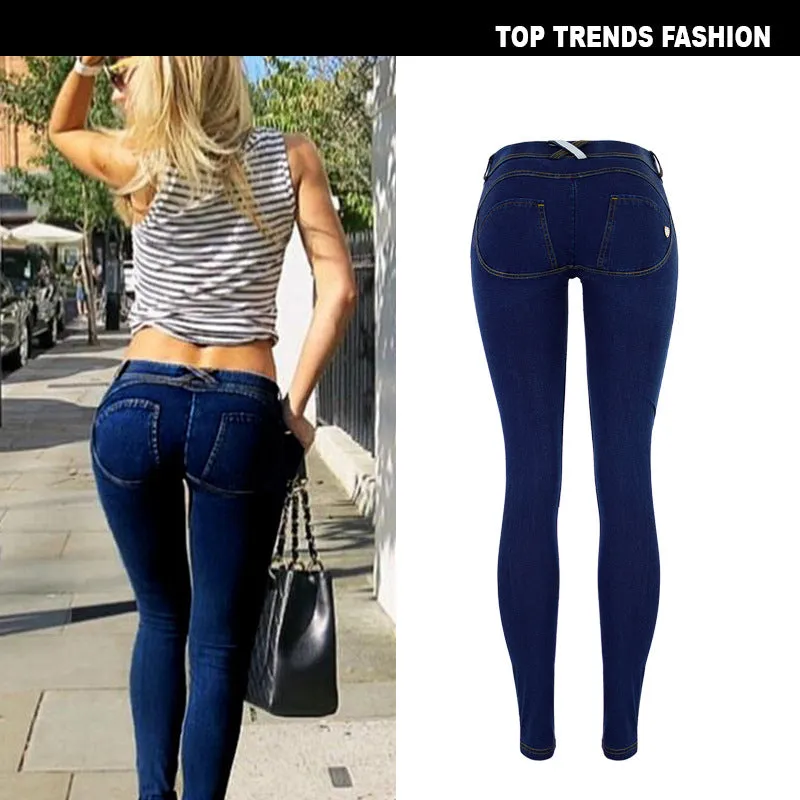 Super Stretch Comfortable Low Waist Denim Trousers Dark Blue