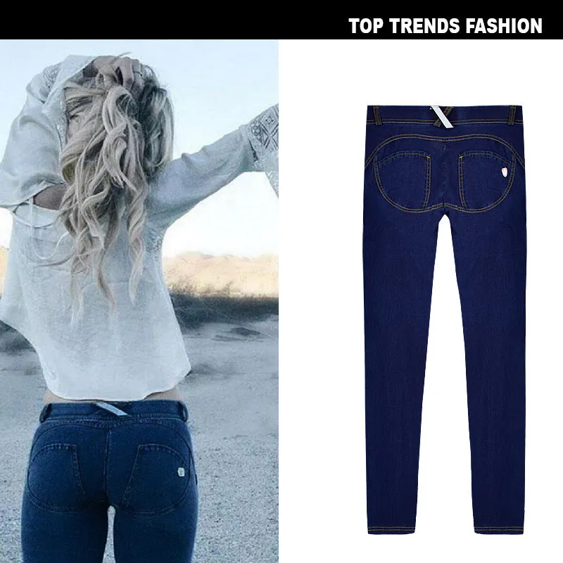 Super Stretch Comfortable Low Waist Denim Trousers Dark Blue