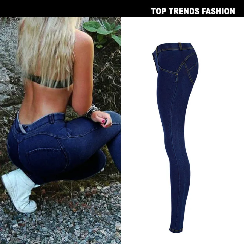Super Stretch Comfortable Low Waist Denim Trousers Dark Blue