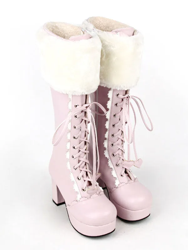 Sweet Lolita Boots Pink Faux Fur Lace Up Chunky Heel Boots