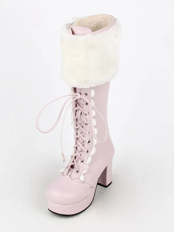 Sweet Lolita Boots Pink Faux Fur Lace Up Chunky Heel Boots