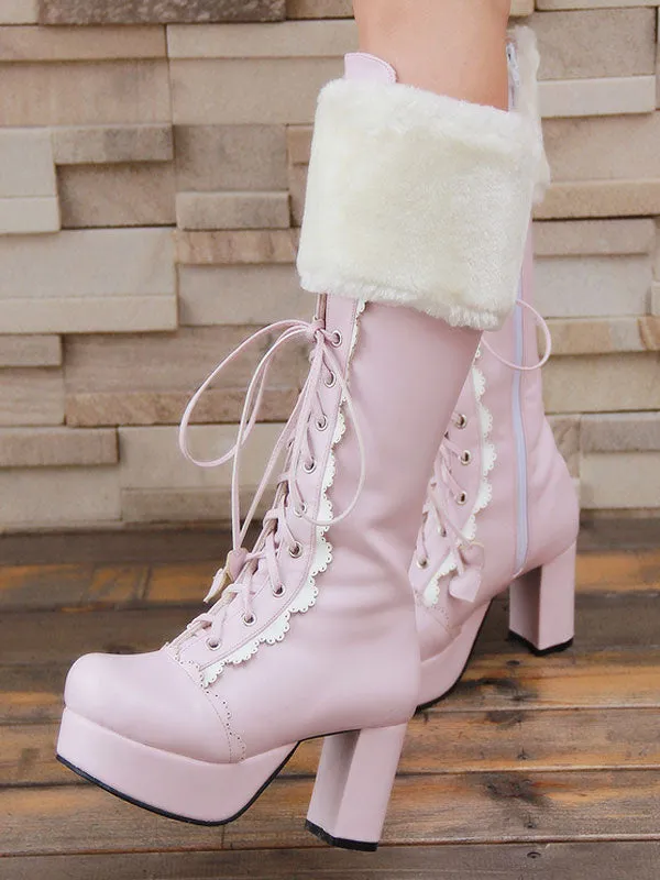 Sweet Lolita Boots Pink Faux Fur Lace Up Chunky Heel Boots