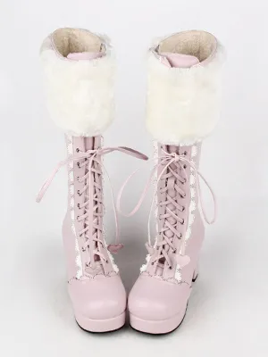 Sweet Lolita Boots Pink Faux Fur Lace Up Chunky Heel Boots