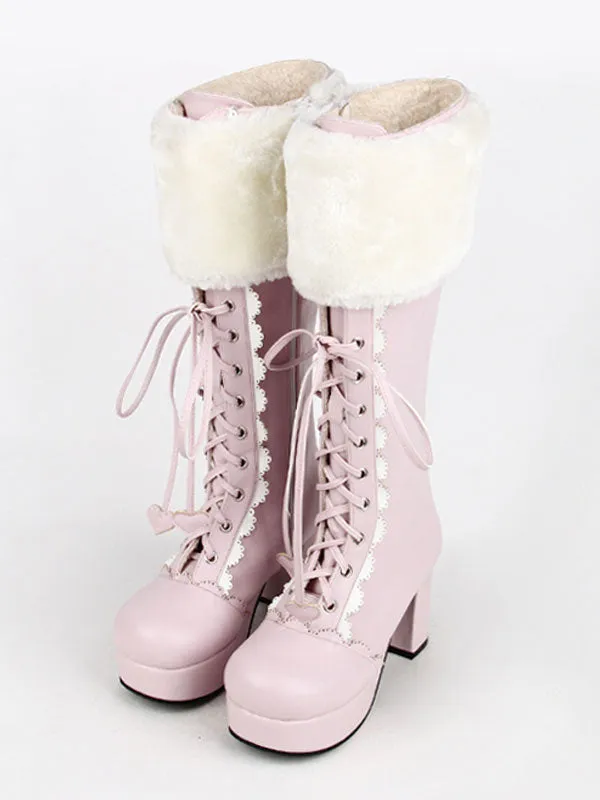 Sweet Lolita Boots Pink Faux Fur Lace Up Chunky Heel Boots