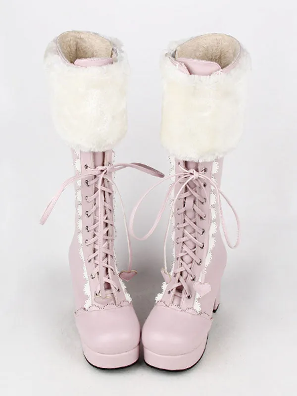 Sweet Lolita Boots Pink Faux Fur Lace Up Chunky Heel Boots