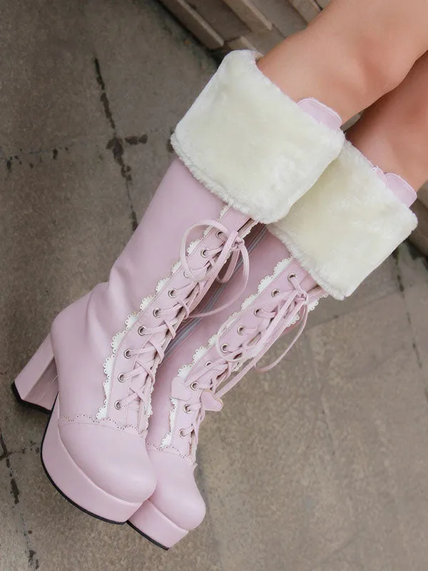 Sweet Lolita Boots Pink Faux Fur Lace Up Chunky Heel Boots