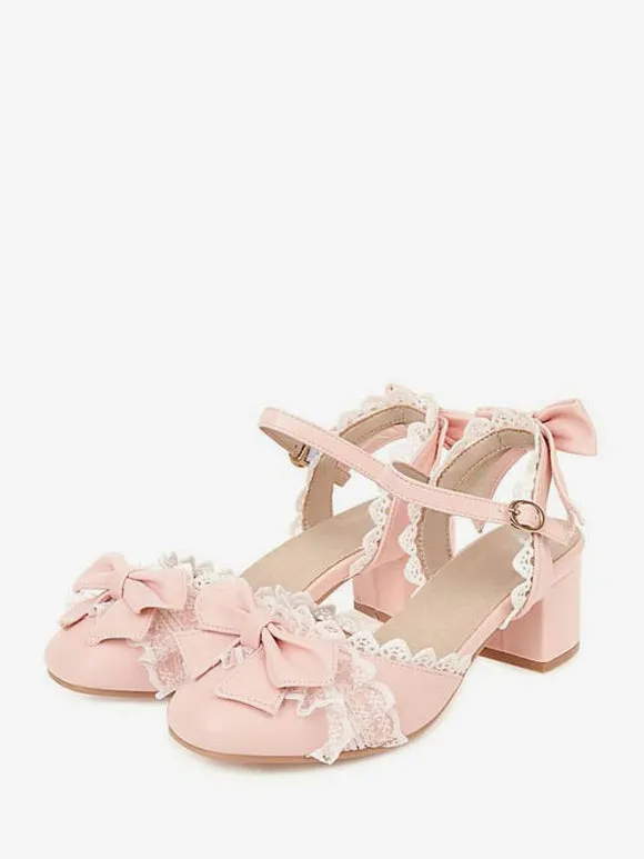 Sweet Lolita Sandals Bows Ruffles Round Toe PU Leather Pink Lolita Summer Shoes