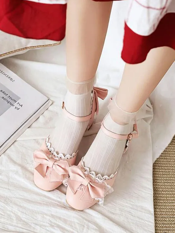 Sweet Lolita Sandals Bows Ruffles Round Toe PU Leather Pink Lolita Summer Shoes