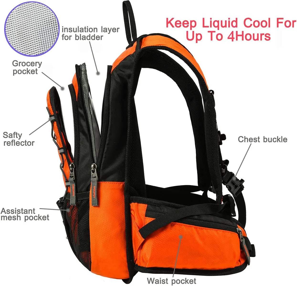 to - up Voice-controlled for Hiking, Cycling, Bladder Running, Keeps Pack 2L Free Backpack – Cool Camping BPA Hydration Hours Nopack) All-inclusive 4 with Liquid Insulated (Orange