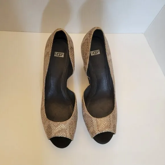 UGG Toura Metallic Peep Toe Snake Print Wedge Platform - Size 9.5