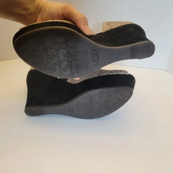UGG Toura Metallic Peep Toe Snake Print Wedge Platform - Size 9.5