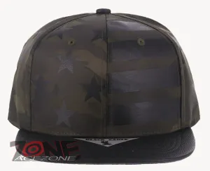 USA FLAG STAR FAUX LEATHER VISOR FLAT BILL BASEBALL CAP HAT CAMOUFLAGE OLIVE