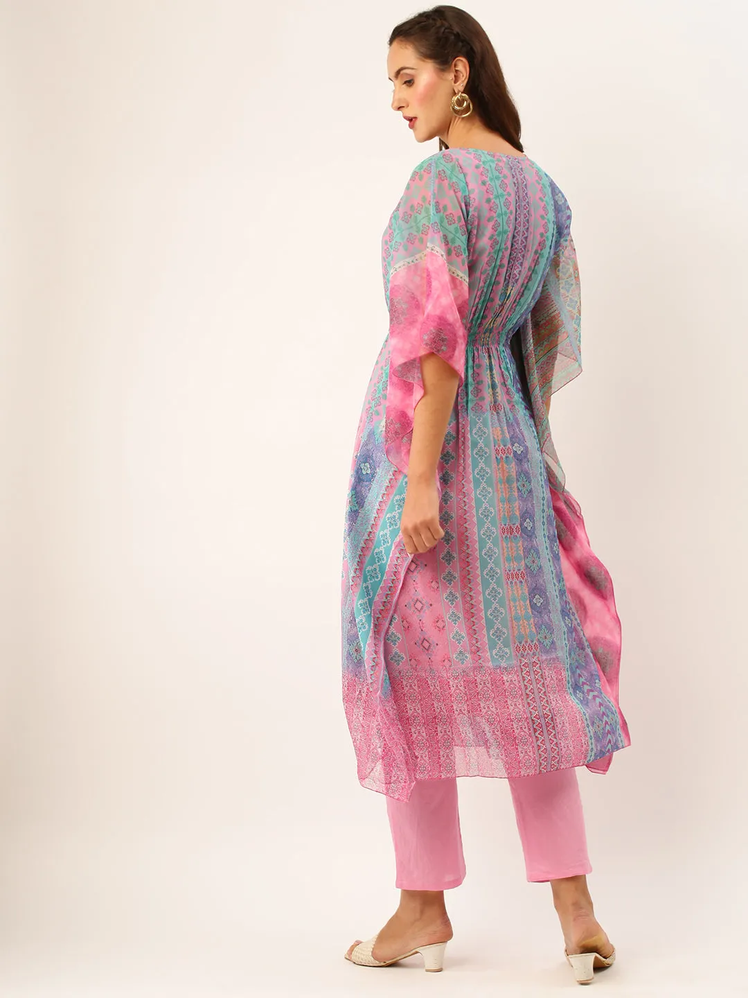 V Neckline Chiffon All over Mixed Prints Pink Loose fit Kaftan set For Women - ZOLA
