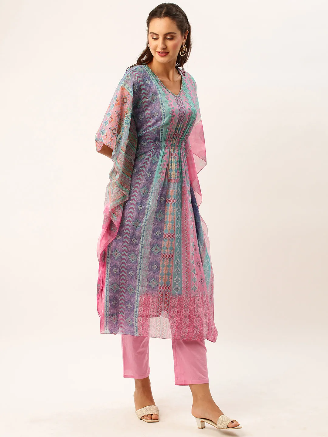 V Neckline Chiffon All over Mixed Prints Pink Loose fit Kaftan set For Women - ZOLA