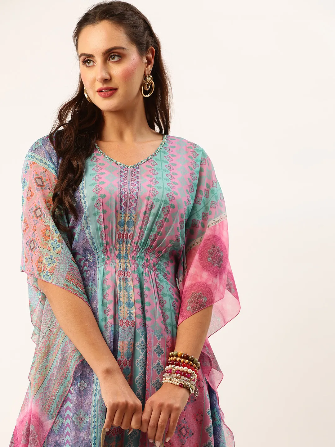 V Neckline Chiffon All over Mixed Prints Pink Loose fit Kaftan set For Women - ZOLA