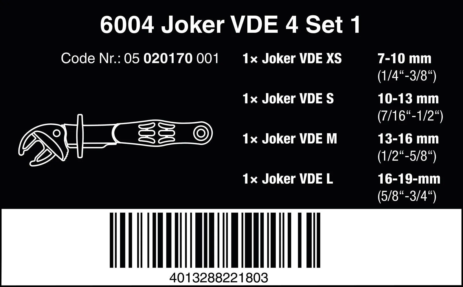 Wera Joker VDE 4 Set 1 6004 Insulated Self Setting Adjustable Spanner Set 4 Pieces in Case