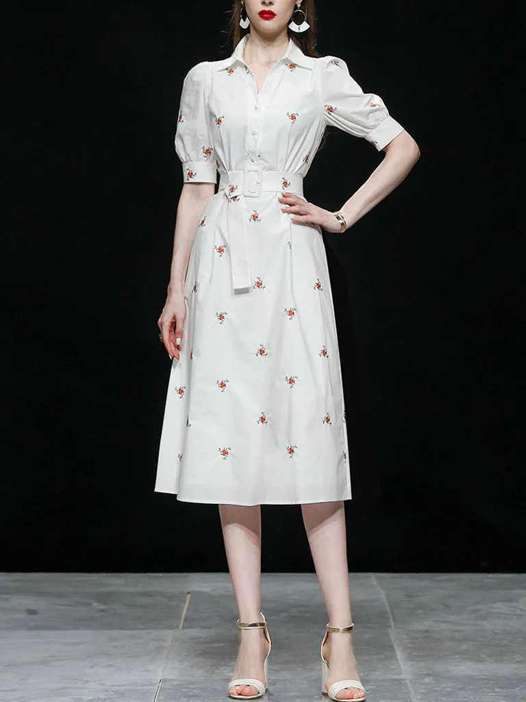 White Embroidered Shirt Lapel 1950S Comfortable Cotton Vintage Dress