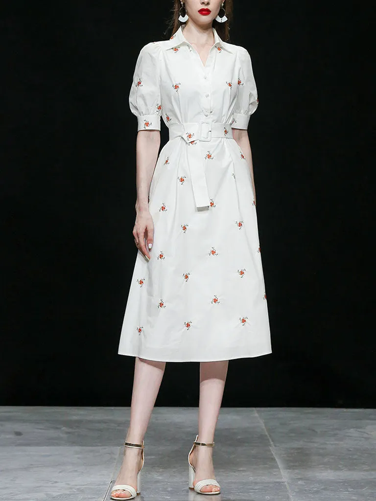 White Embroidered Shirt Lapel 1950S Comfortable Cotton Vintage Dress