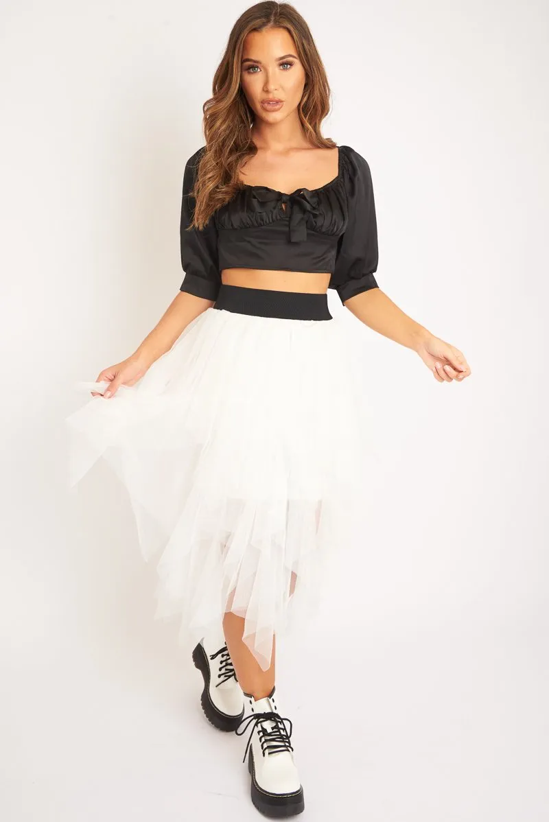 White Layered Tulle Midi Skirt - Laveta