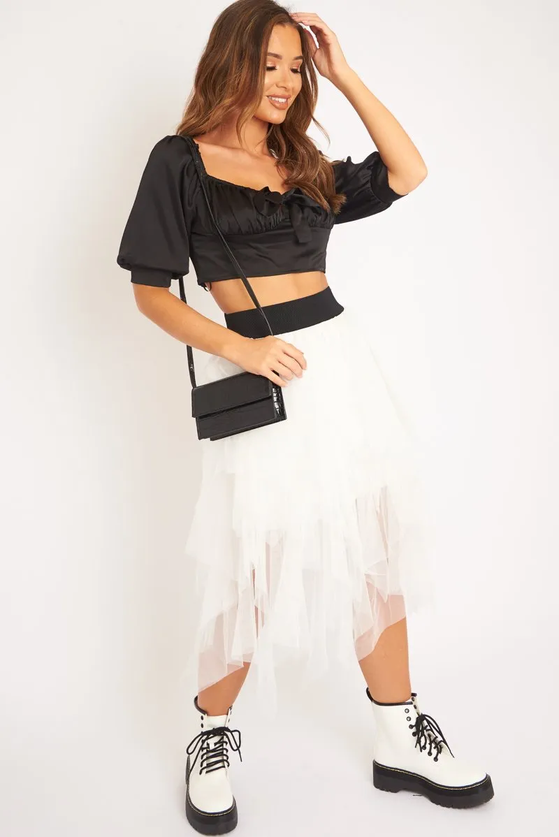 White Layered Tulle Midi Skirt - Laveta