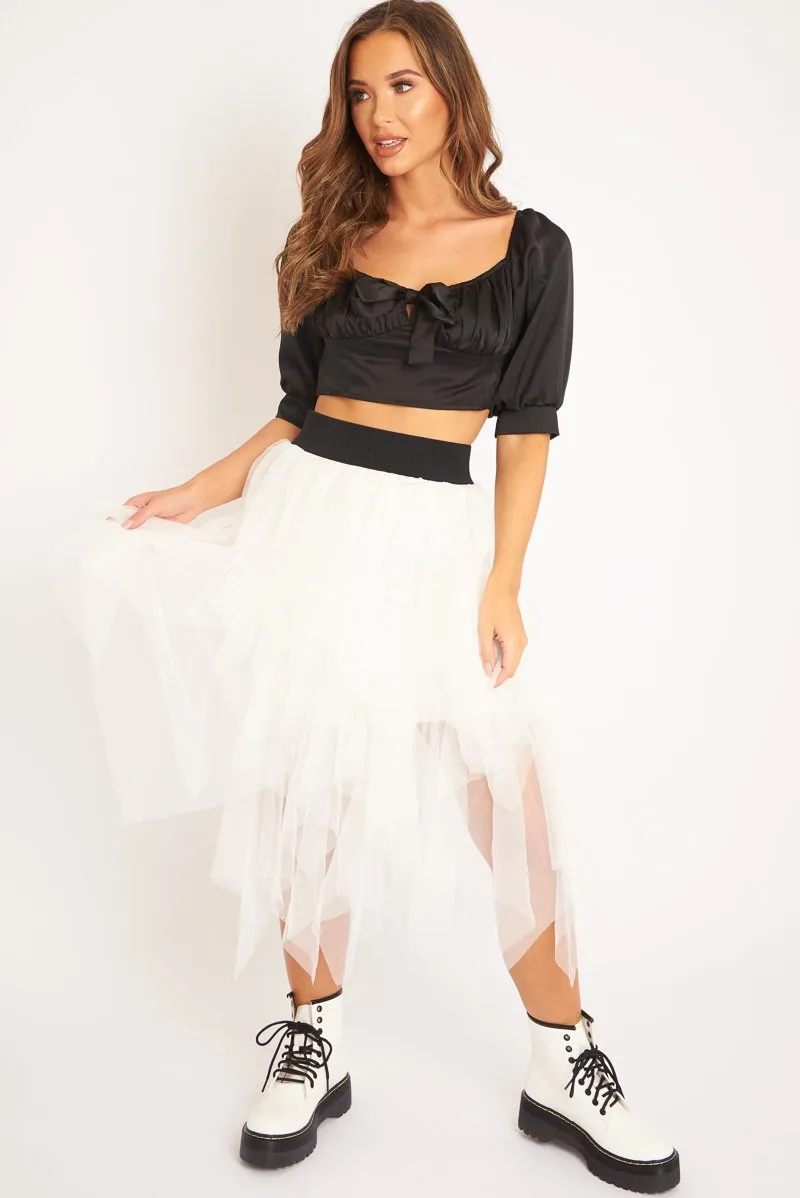 White Layered Tulle Midi Skirt - Laveta
