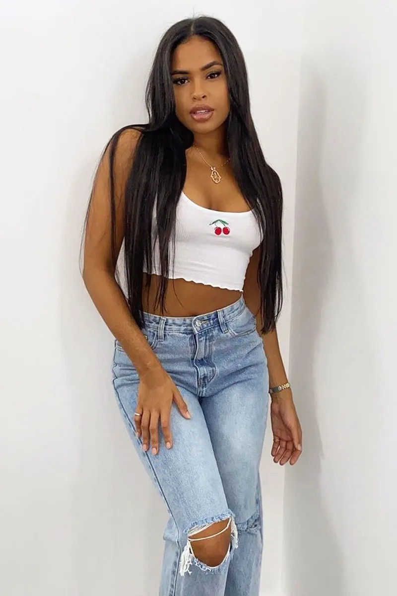 White Ribbed Vest Crop Top with Cherry Detail - Cadie