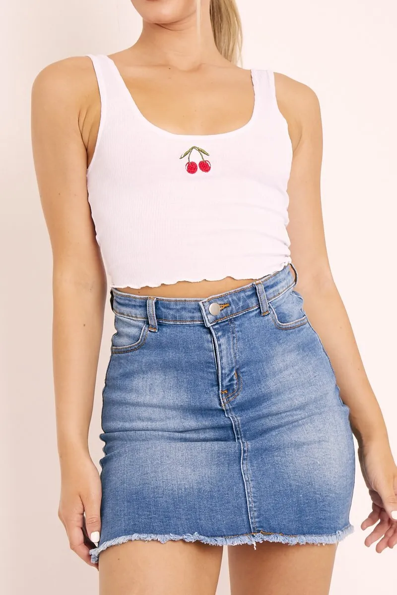 White Ribbed Vest Crop Top with Cherry Detail - Cadie