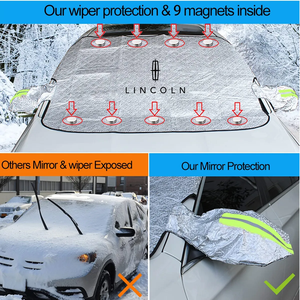 Windshield Cover for Ice and Snow, Custom fit for Car, Magnetic Windshield Cover, Water, Heat & Sag-Proof Car Windshield Snow Cover, Mirror Protector Windproof Sunshade Cover