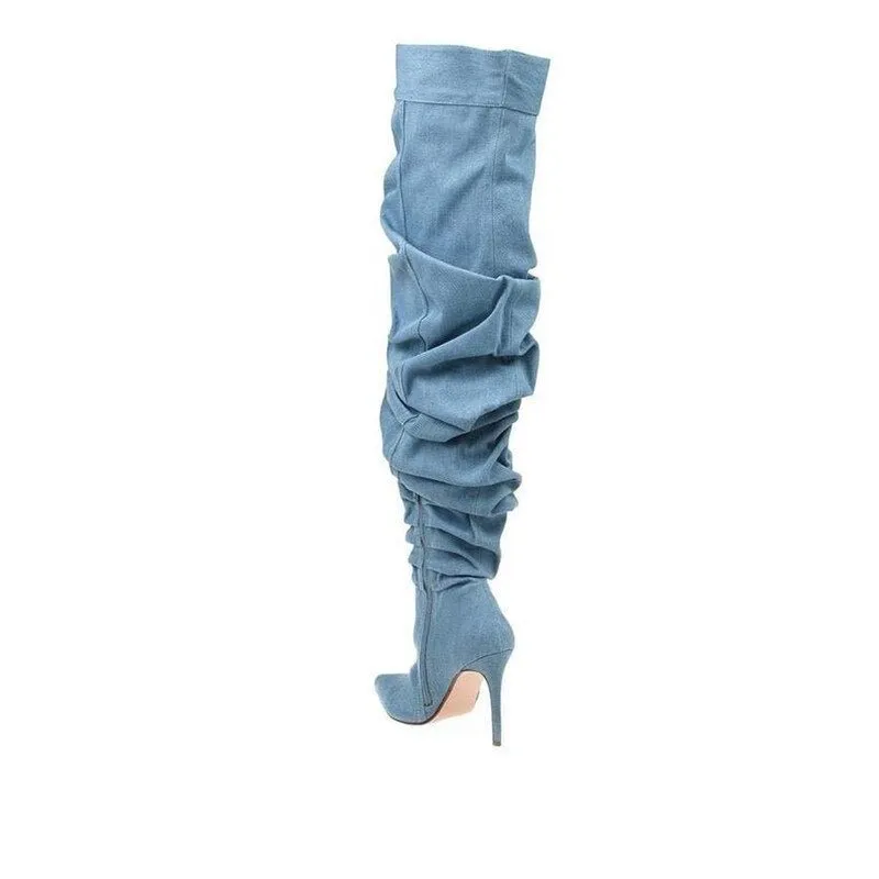 Woman Pleated High Heels Thigh High Boots