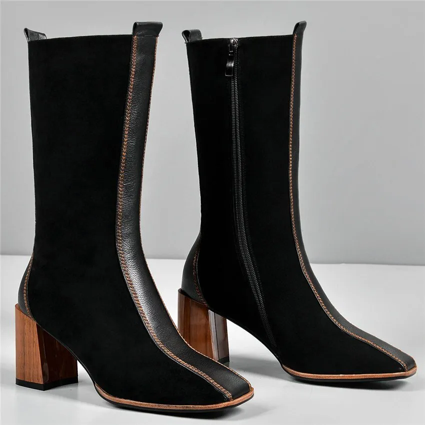 Women Cow Leather Square Toe Mid Calf Boots Chunky High Heel